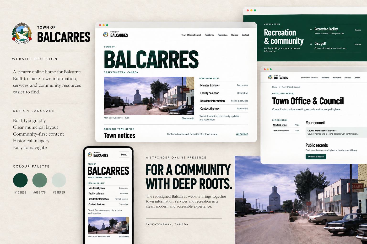 Editorial Balcarres website redesign board showing page system, colour palette and visual direction.