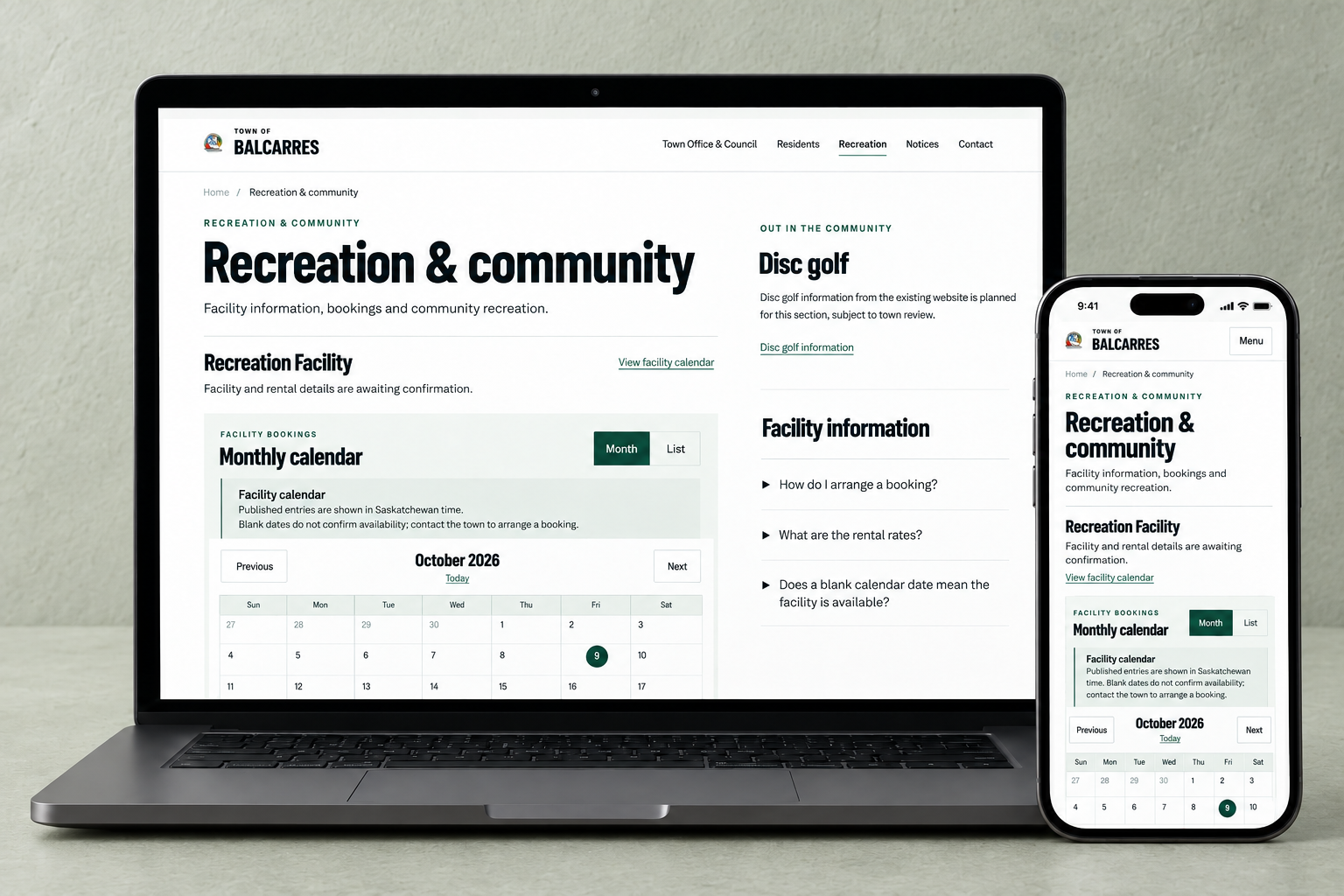 Balcarres recreation page shown on desktop and mobile with the facility calendar.