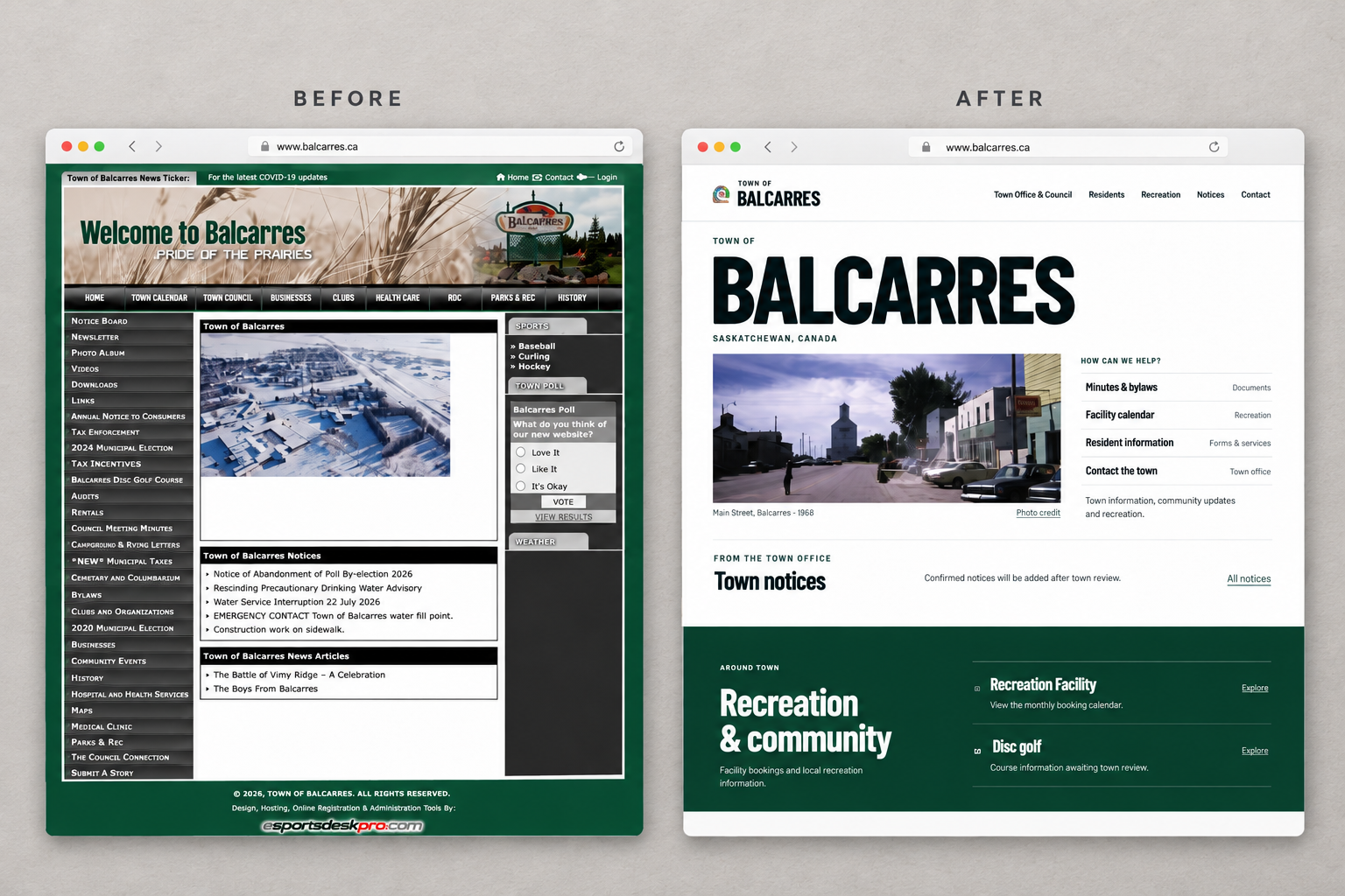 Before and after comparison of the original Balcarres website and the redesign.