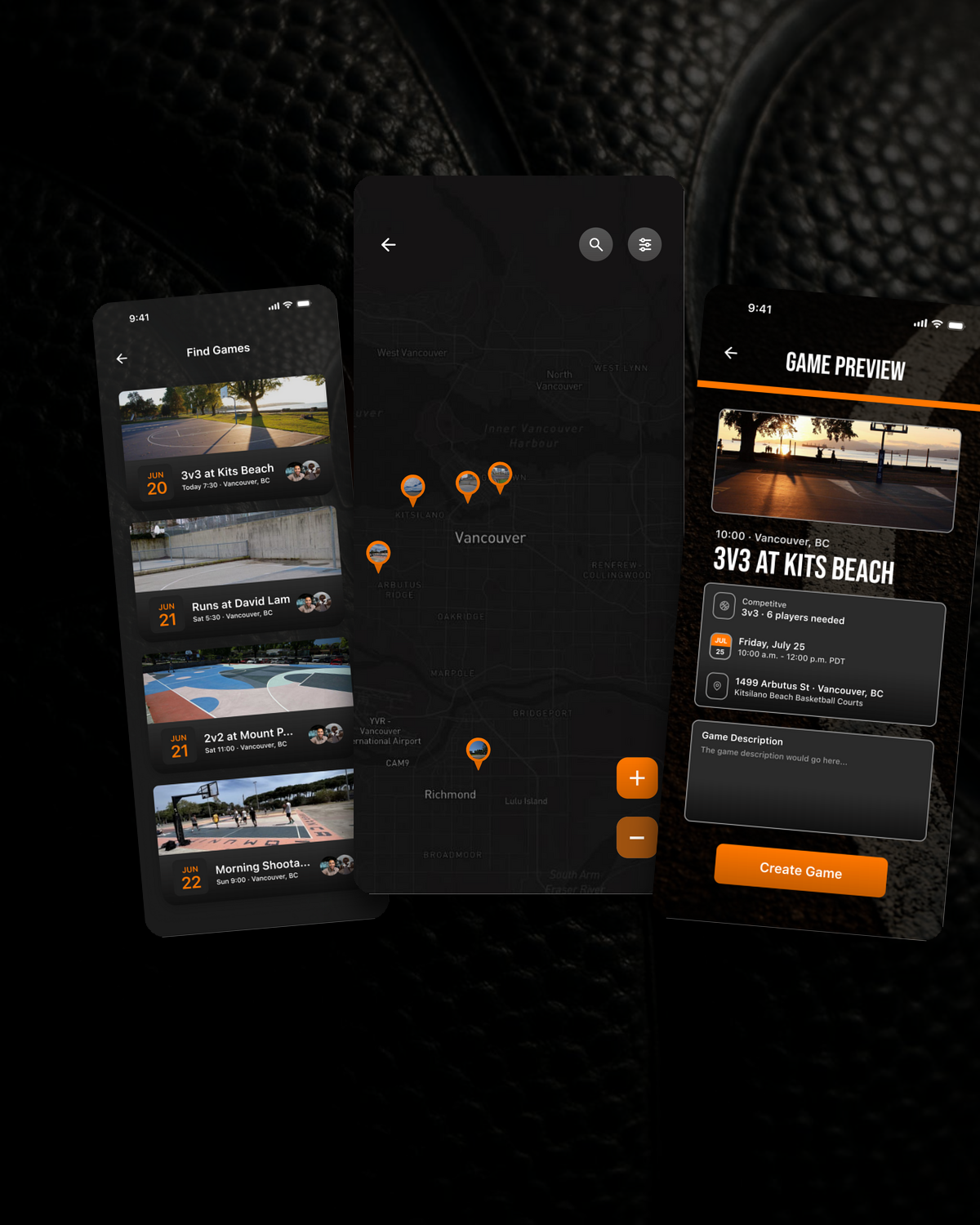 Courtside screens showing the game list, court map and game creation preview.