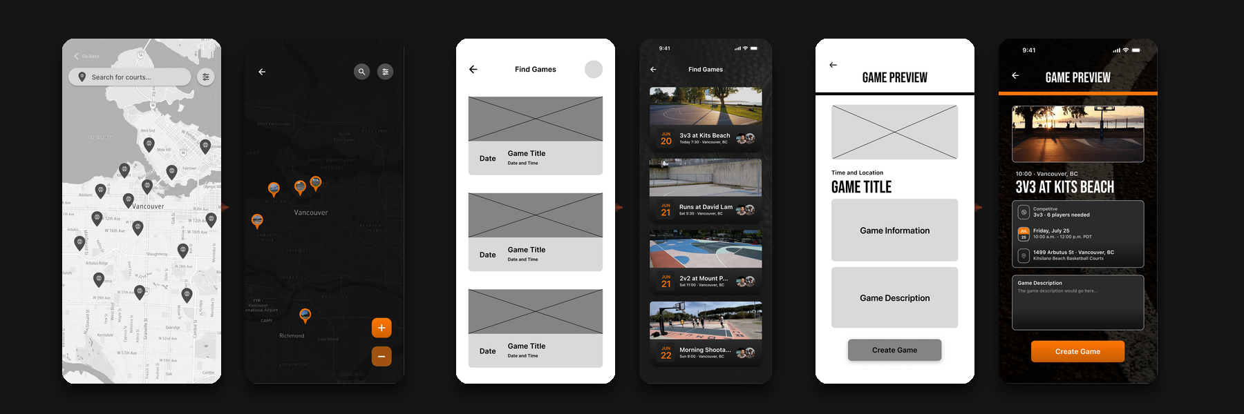 Courtside wireframes shown beside the finished map, game list, and game creation interfaces.