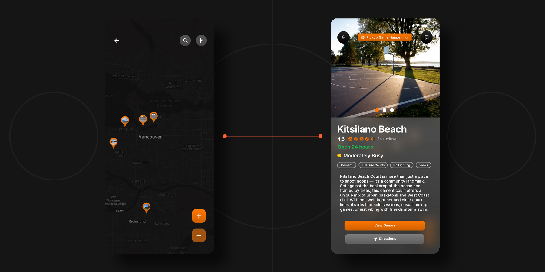 Courtside map and Kitsilano beach court detail screens shown together.