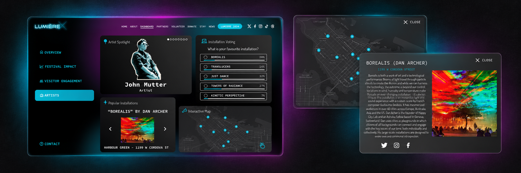 Finished Lumiere artist dashboard with interactive map and installation detail screens.