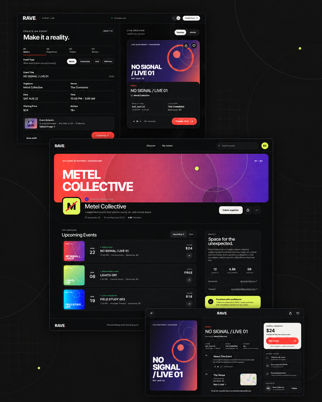 RAVE event creation, organizer, and public event interfaces shown together.