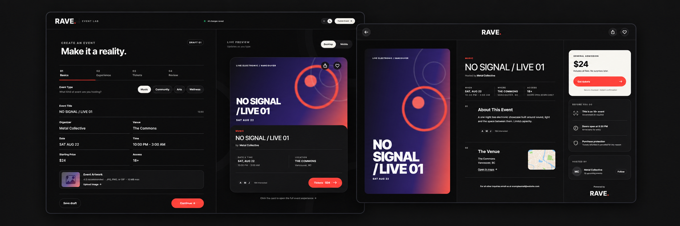 RAVE event creation workspace shown beside the completed public event page.