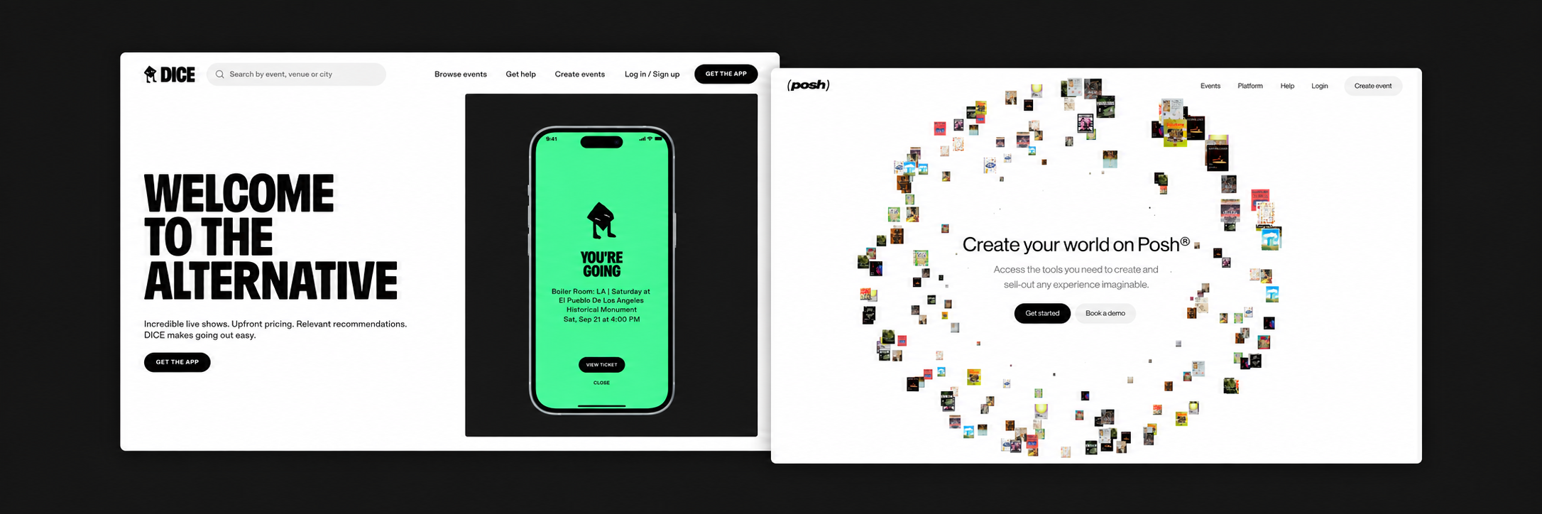 DICE and Posh event platform websites shown side by side as category references.