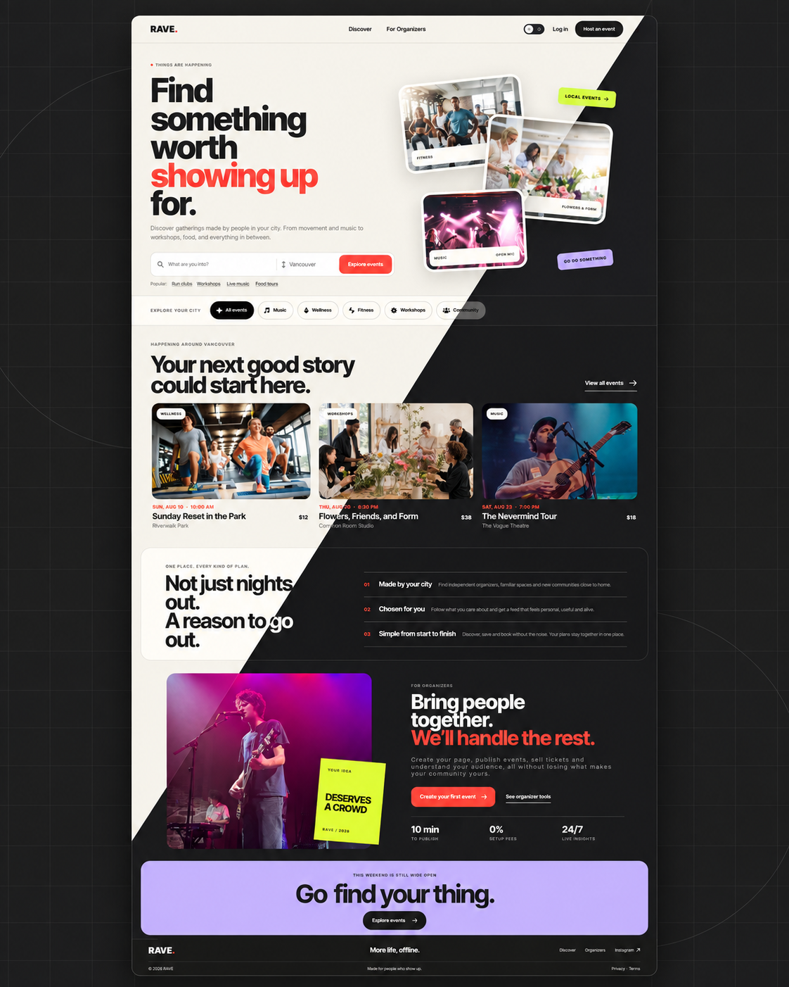 RAVE homepage showing both light mode and dark mode with a diagonal transition.