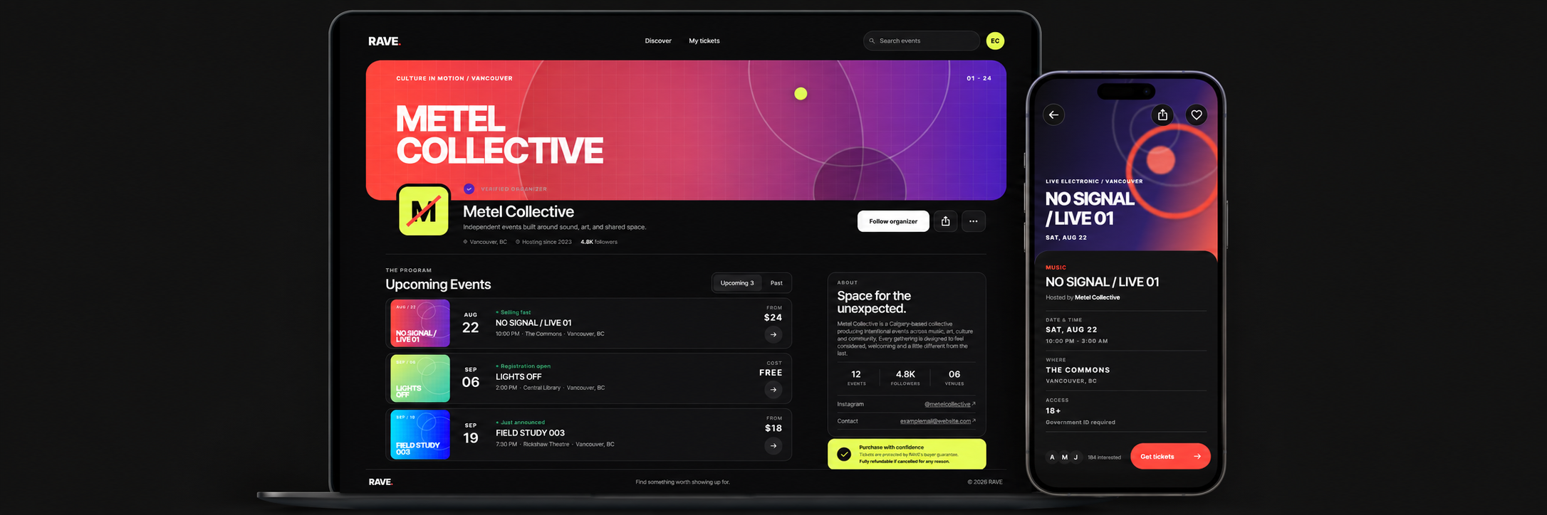 RAVE organizer page displayed on desktop beside the mobile event experience